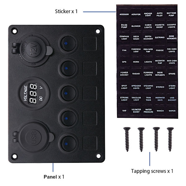 5Gang Multifunktions 5-Gang Rocker Dobbelt USB-lader + Digital Voltmeter