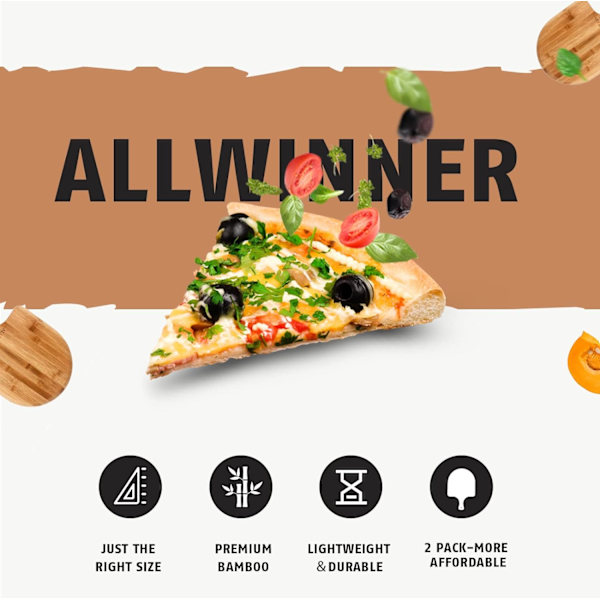 Premiumkvalitet 12-tums pizzaskal i bambu av trä för pizza, 2-pack