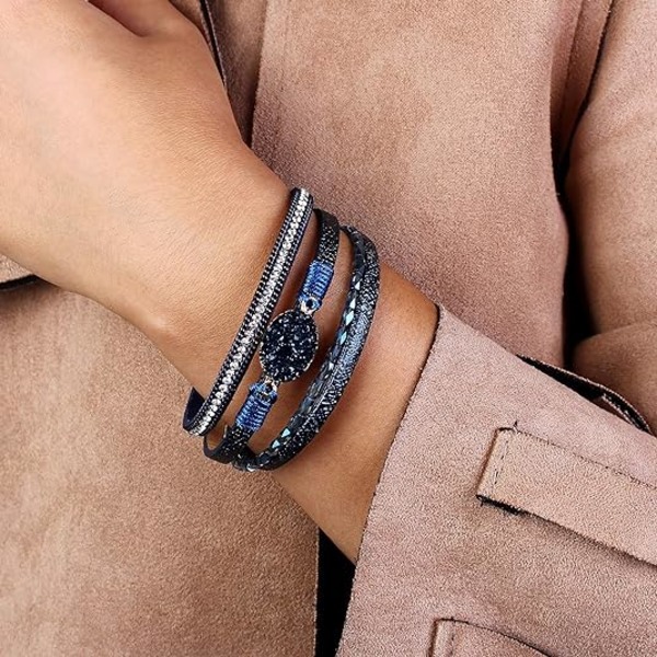 Nahkainen kääre rannekoru Boho Cuff rannekorut Kristallihelmi rannekoru