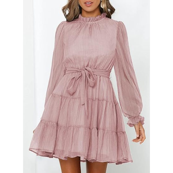 Kvinders Langærmet Ruffle Rund Hals Elastisk Talje Binde Casual Kort Mini Swing Kjole，XL