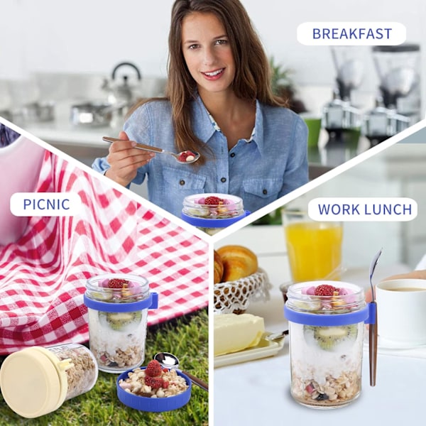 2-delad glasburk för overnight oats med lock och sked, återanvändbar glasburk med skala, frukostburk för förvaring av mjölk, flingor, frukt (vit)