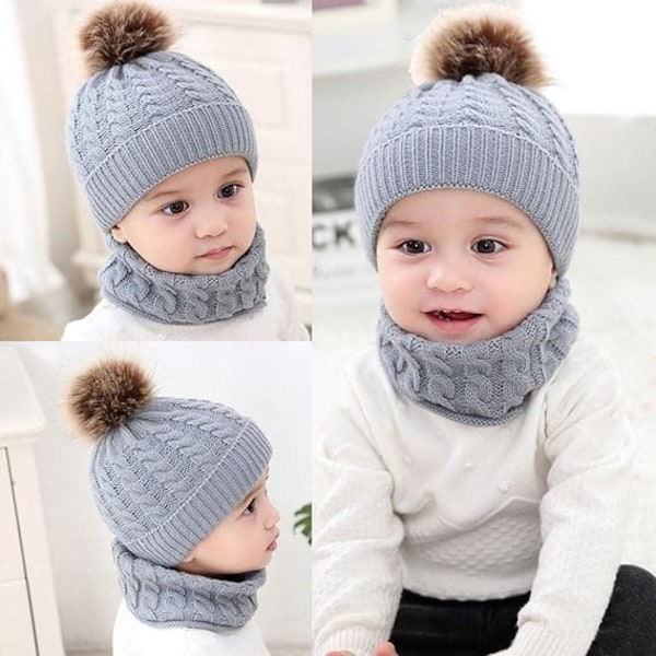2PCS Grå Baby Strikket Lue Sjal, Termisk Myk Loop Sjal Uni