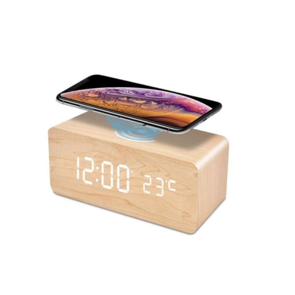 Trä Laddningsbar Trådlös Digital Väckarklocka Cloc LED Alarm C