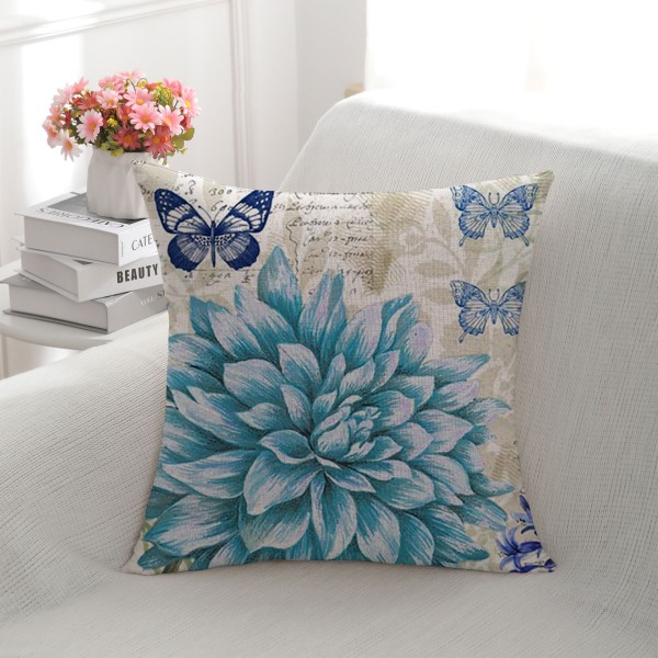 Pudebetræk, sæt med 4-45 x 45 cm bomuld og hør blomstret print firkantet