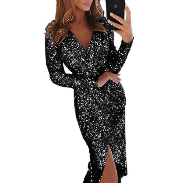 Elegant Sequin Glitter Festkjole Kvinner V-Hals Bodycon Glitter Lang Ermet Damer Club Festkjole.XL.Blå