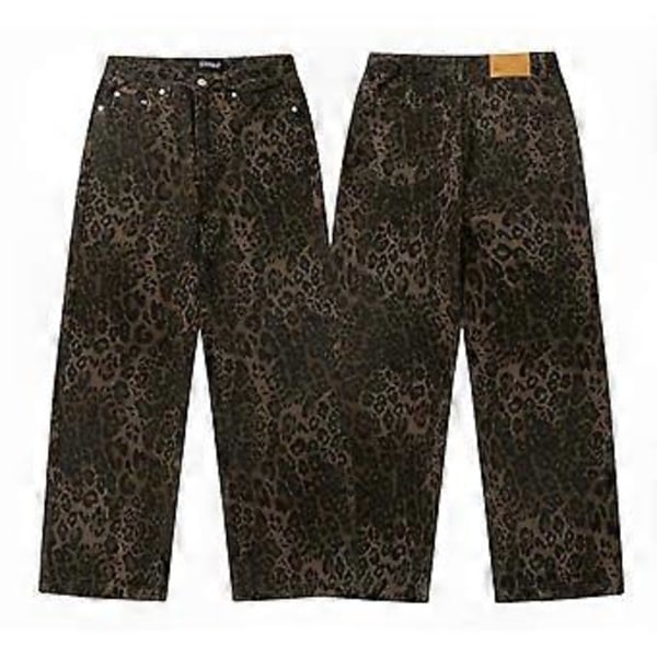 Leopard Print Denim Wide Leg Bukser til Kvinder - Oversized Bukser for et Stilfuldt Look M