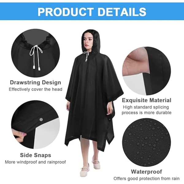 2 Vattentäta Ponchos för Vuxna, Återanvändbar Regnponcho, EVA Regnponcho, Lätt Vattentät Regnjacka med Huva, Camping, Vandring, Svart