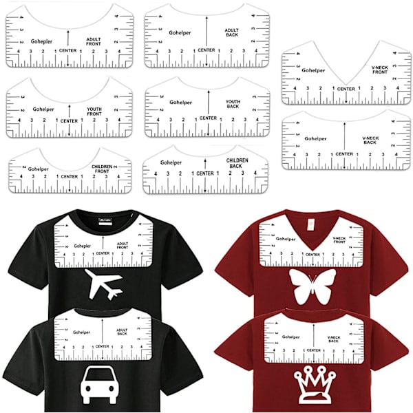 T-shirt lineal guide, 8 stykker høj præcision T-shirt justering lineal