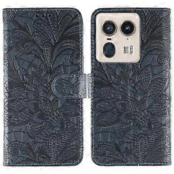 För Motorola Edge 50 Ultra 5G Fodral Spetsblommor PU Läder Flip Plånbok Telefonfodral Dark Blue