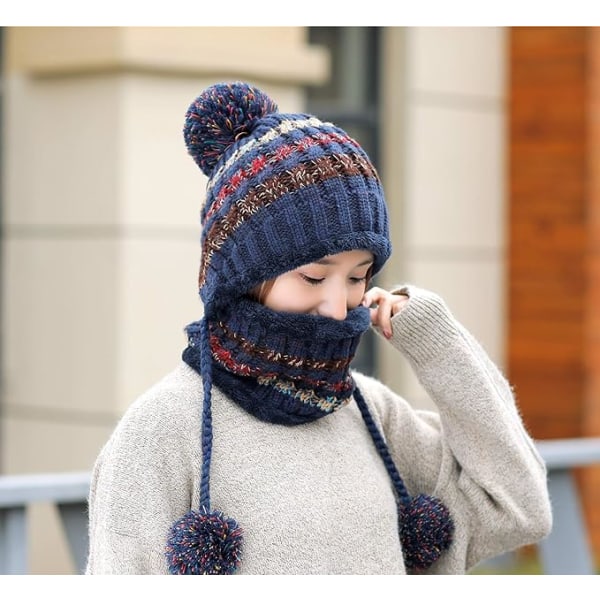 Marinblå mössa+sjal set dam stickad hatt halsduk set vintervarm