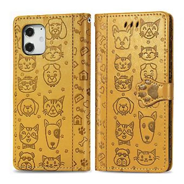 Söpö Kissa ja Koira Kohokuvioitu Kotelo iPhone 12 / 12 Pro:lle Yellow