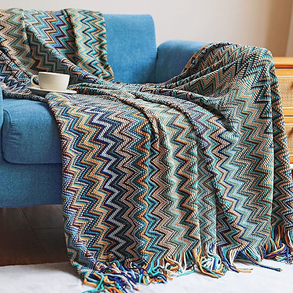 Boho Kastanbløde Tæpper Udendørs Strikket Tassel Tæpper, (Blå 50x60