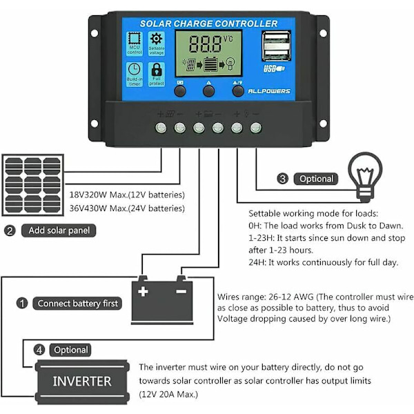 1st 20A solcellsladdningsregulator intelligent solpanelregulator