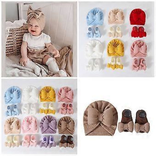 Bebismössa & Strumpor Set Nyfödd Kort Strumpa med Turbanmössa Set Trendig Mössa Modeaccessoarer för 0-3 År Gul Yellow