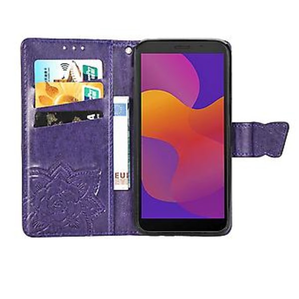 För Huawei Y5P 2020 Fjäril Kärlek Blomma Präglat Horisontellt Flip Läderfodral med Ställ / Kortplats / Plånbok / Snodd Dark Purple