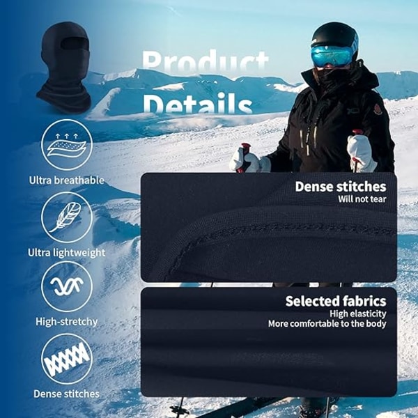 Balaclava-naamio miehille ja naisille - Hiihto, lumilautailu, moottoripyöräily ja tuulensuojaus, musta