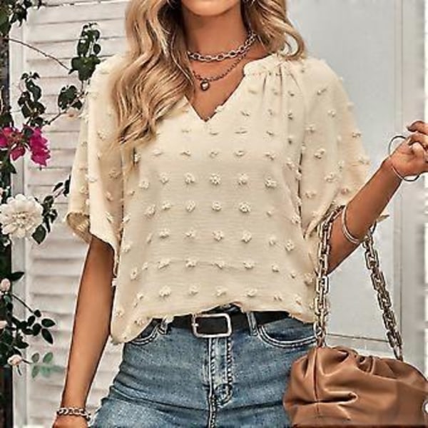 Aprikos L V-hals Sveitsisk Prikk Topp Dame Vår Sommer Løs Casual Elegant Ren Farge Skjorte Bluse for Kontorarbeid