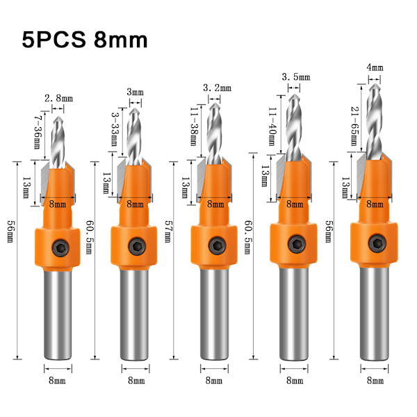 5 st Träbearbetning Senkfräsar Chamfer Borr Bits Counter HSS Taper
