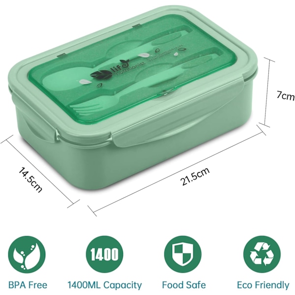 Grön - Lunchbox med gaffel och 3 fack 1400ml säker och l
