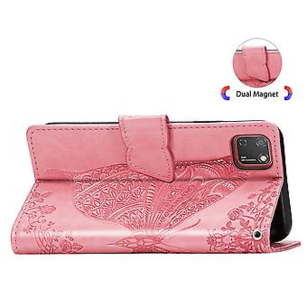 För Huawei Y5P 2020 Fjäril Kärlek Blomma Präglat Horisontellt Flip Läderfodral med Ställ / Kortplats / Plånbok / Snodd Pink