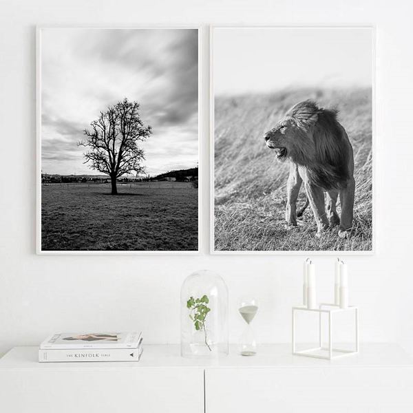 Sett med 9, 20x15cm nordisk moderne minimalistisk svart-hvitt landskap