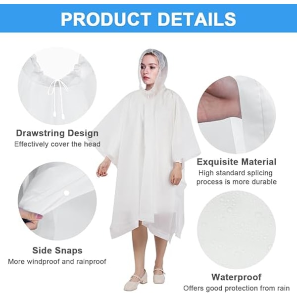 2 vattentäta ponchos för vuxna, återanvändbar poncho, EVA regnponcho, lätt vattentät regnjacka med huva, för camping, vandringsturer, vit