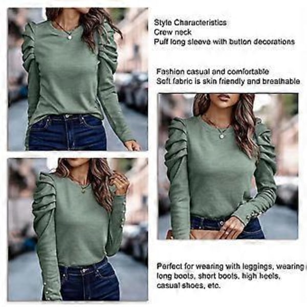 Dame Puff Langermet Topp Rund Hals Knappdekorasjon Løs Passform Casual Pullover Bluse Grønn XXL