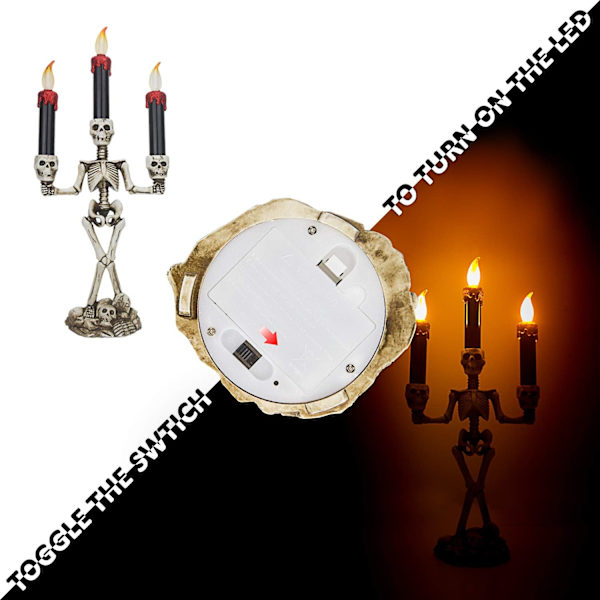 Kolme LED-kynttilää Halloweeniin, liekittömät ja luurankokynttilänpidike