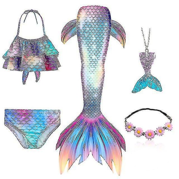5 stk/sett Jenter Mermaid Tail Badedrakt Barn Mermaid Ariel Cosplay Kostyme Fantasy Beach Bikini.120.Sett 1