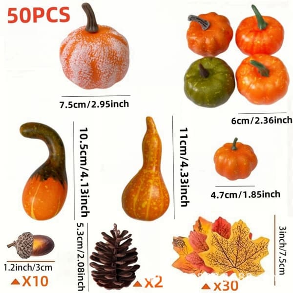 Sæt med 50 mini efterårspynt med græskar: Kunstige ahornblade, agern og græskar til Halloween og Thanksgiving