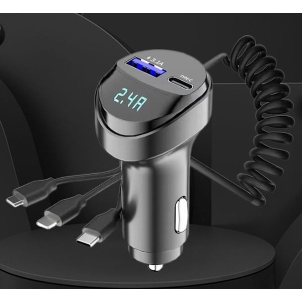Auton puhelimen pikalaturi, pidennettava latauskaapeli, 2 USB-porttia, 5