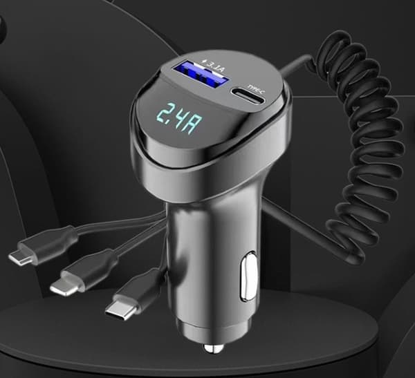 Biltelefon hurtiglader, uttrekkbar ladekabel, 2 USB-porter, 5