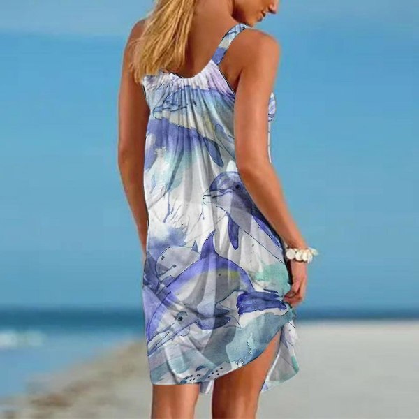 Ærmeløs Blomsterkjole Casual Sommerkjole Mini Tank Kjole Dame Strandkjole Qxuan.XL.Lille Delfin Little Dolphin XL