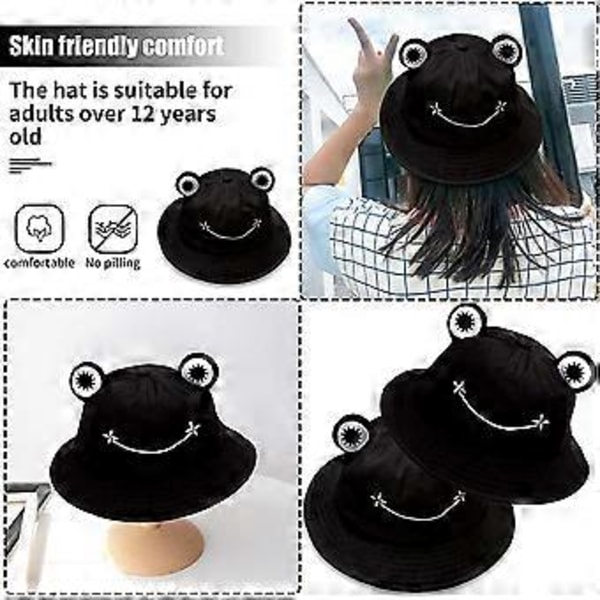 Fiskarhatt för damer med groda, unisex bucket-hatt, hopfällbar för utomhusbruk under sommaren, för camping, vandring, fiske, svart