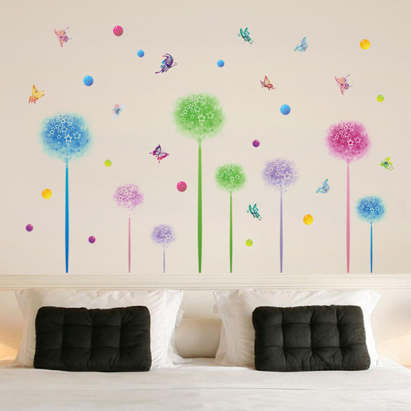 1 set Färgglada Maskros Väggdekal Blommiga Väggstickers Fjärilar och Prickar Väggdekor DIY Väggmålning Konst för Sovrum Vardagsrum Väggdekoration