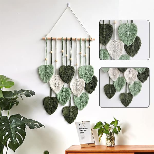 1 stk. Macrame vægophæng, Boho-stil, med træperler og blade