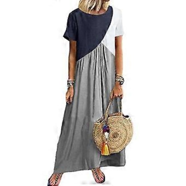 Dame Farveblok T-shirt Kjole Kortærmet Maxikjole Afslappet Løs Lang Maxikjole Strand Lang Kjole Swing Kjole Grå XL Gray XL
