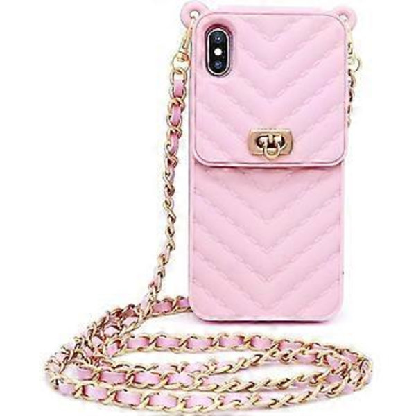 IPhone 12mini plånboksfodral med hals- och budbärarkedja, kreditkortsfack, flickor, damer, silikonsäkert mobilskal, rosa