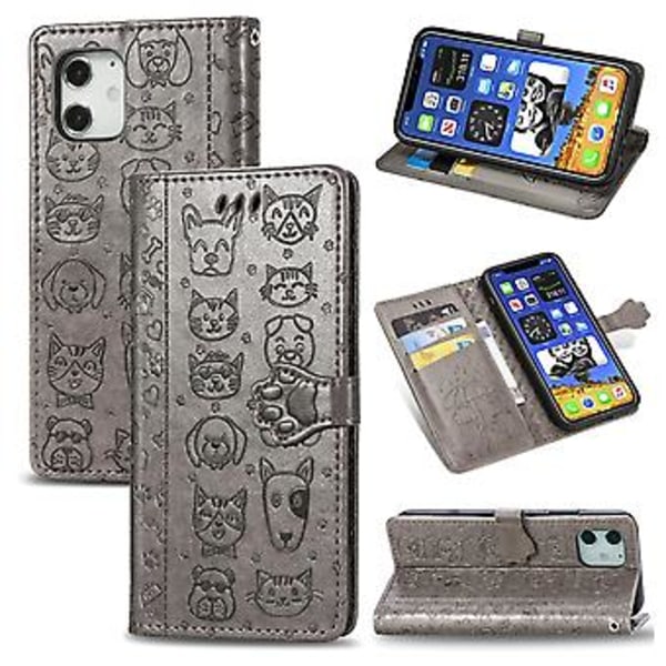 Sødt Kat og Hund Præget Etui til iPhone 12 / 12 Pro Grey