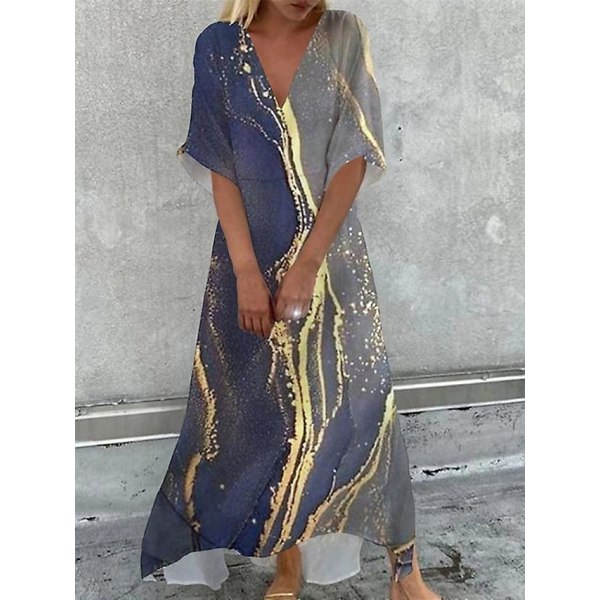 Dame Marmorering Blomsterprint Afslappet Kjole Swing Kjole Boho Kjole Lang Kjole Maxi Kjole Grøn Blå Gul Halv Ærme-happygo.3XL.Blå Blue 3XL
