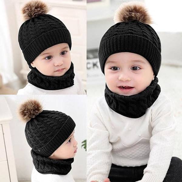 2PCS svart Toddler Baby Knit Hat Scarf, Termisk mjuk loop halsduk Un