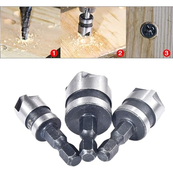 3 stk 1/4'' Hex 5 Fløyter 90° 1/2'' 5/8'' 3/4'' Forsenker Bor