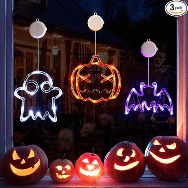 Halloween vinduslys, spindelvev sugekopp dekorative lys, LED-dekorasjoner