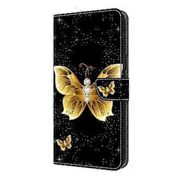 Læderetui med mønstertryk, tegnebog, stativ og flip-cover til Samsung Galaxy S25 Edge Golden Butterflies