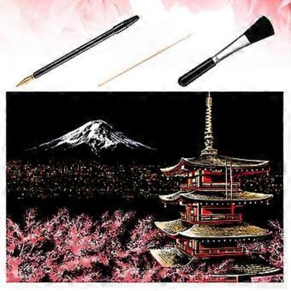 1 Sæt med 4 stk DIY Skrabebillede Mount Fuji Natscene Skrabende Tegning Maleri Papir Skrabekort Bambuspind Guldbelagt Pen Pensel