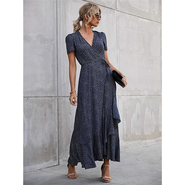 Sommar-Maxiklänning för Kvinnor, Casual Boho Blommig V-ringad Kort Ärm