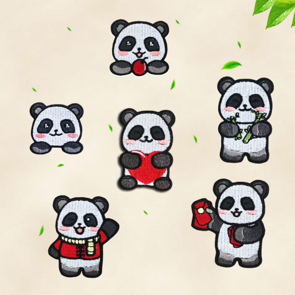 Set med 6 datorbroderade kapitel söta tecknade panda-broderier