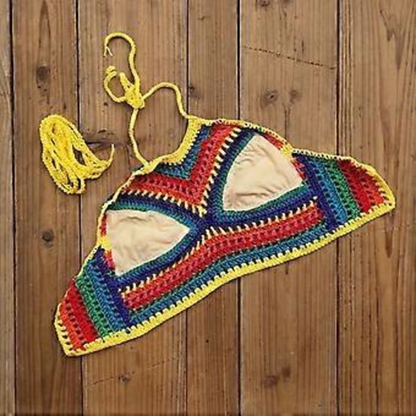Hæklet halterneck badedragt top til kvinder, justerbar snor, polstret hæklet crop top, justerbar rygbinde, gul M Yellow M