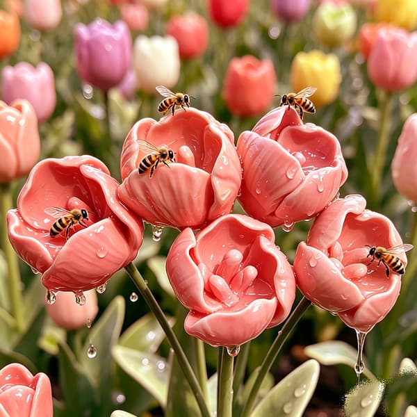 Bifoder, femfarvede dekorative havebiavlblomster, kunstig blomst porcelænspynt