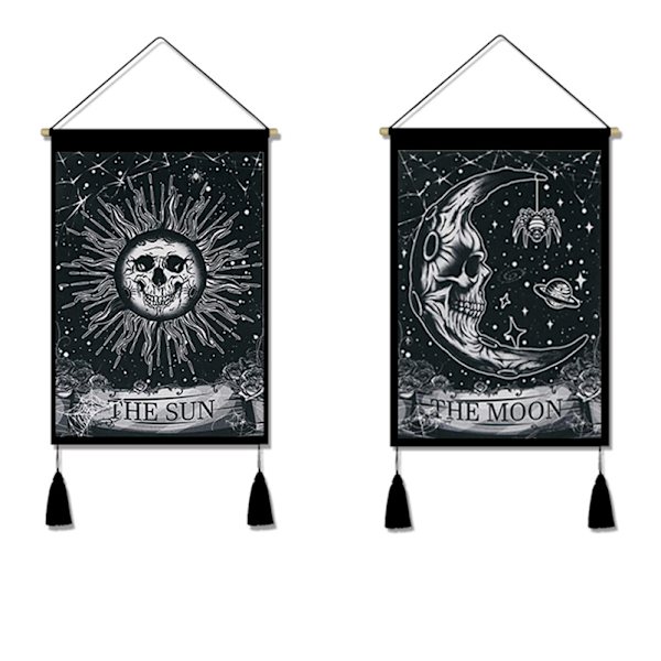 Psykedeelinen tarot-seinävaate, 2 kpl, kalloaiheinen seinävaate, aurinko ja kuu